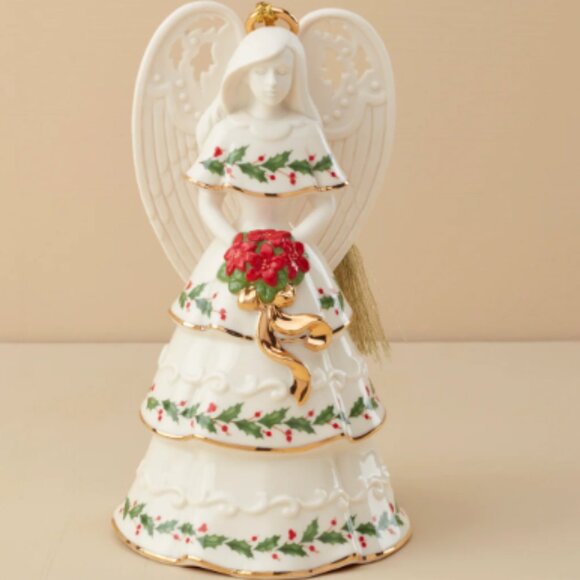 Holiday Angel  Bouquet Poinsettias  Ornament  Porcelain 24K Gold Accents - Picture 1 of 8